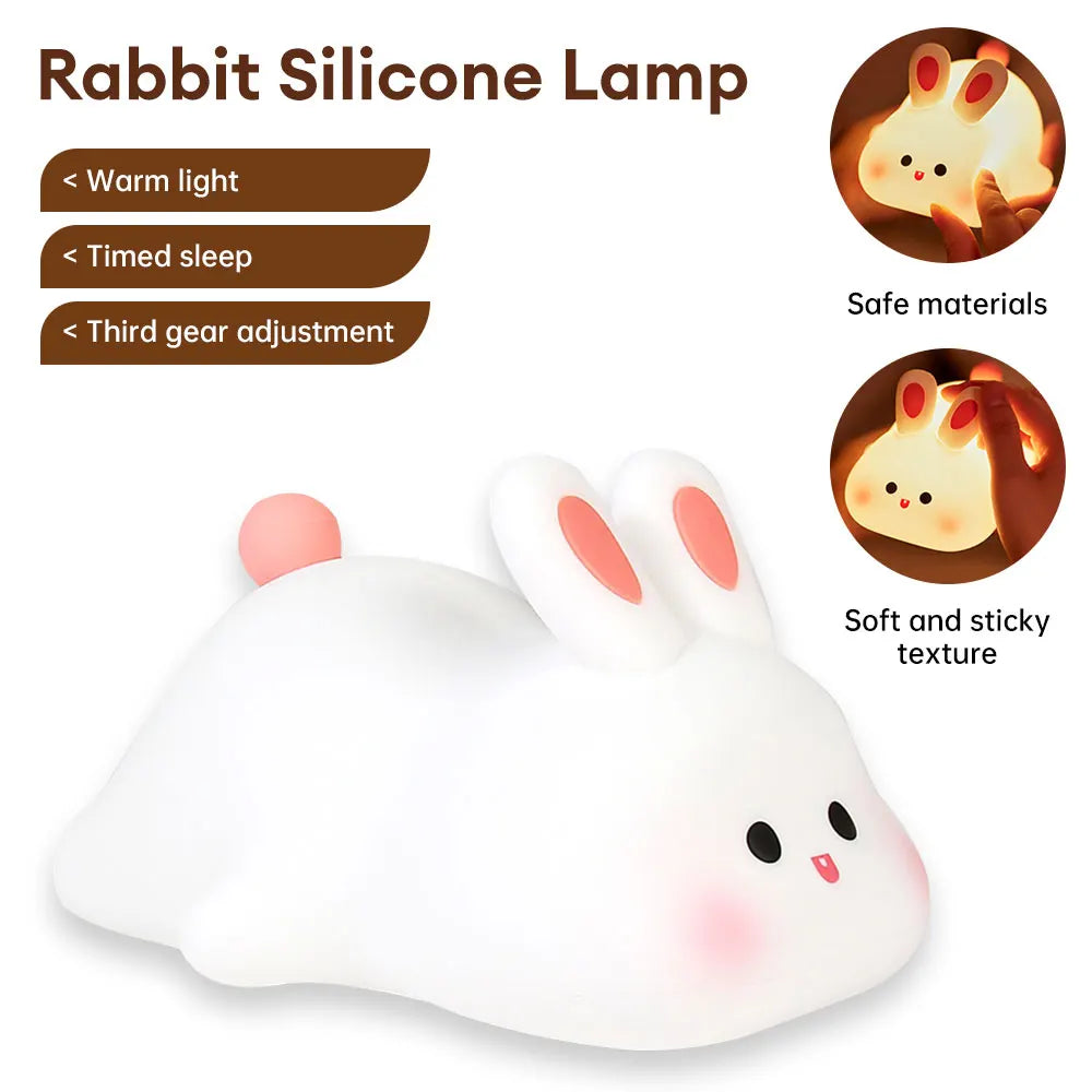 LED Cute Rabbit Silicone Lamp USB Rechargeable Timing Bedside Decor Light 3 Level Dimmable Breastfeeding Nursery Night Light