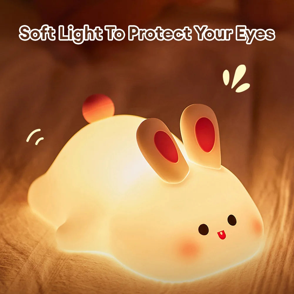 LED Cute Rabbit Silicone Lamp USB Rechargeable Timing Bedside Decor Light 3 Level Dimmable Breastfeeding Nursery Night Light